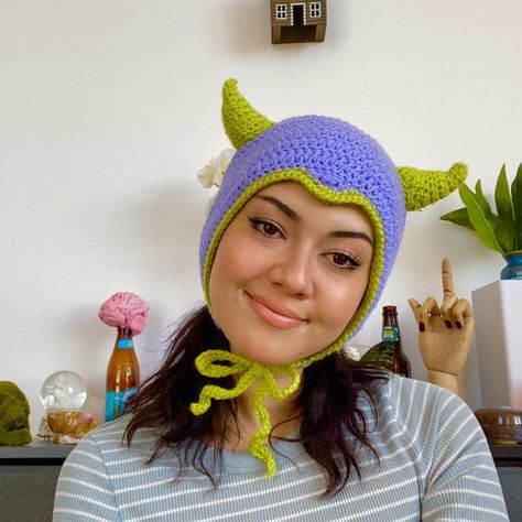 Handmade Crochet Devil Bonnet (slime & mellow)... - Depop Horns Crochet, Mantis Costume, Devil Bonnet, Crochet Headwear, Crochet Bonnet, Halloween Hat, Halloween Hats, Praying Mantis, Crochet Inspo