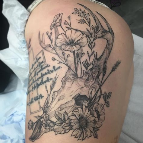 Deer Skull And Flowers Tattoo, Ram Skull Tattoo With Flowers, Long Horn Bull Skull Tattoo With Flowers, Deer Skull With Flowers Tattoo, Antlers With Flowers Tattoo, Animal Skull Tattoo Flowers, Hunting Tattoos For Women, Deer Antler Tattoo With Flowers, Cow Skull Tattoo Flowers