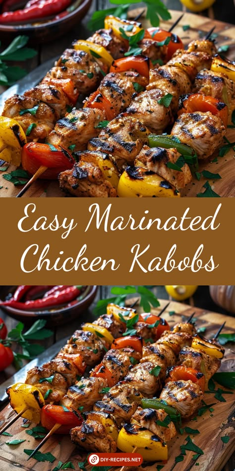 Enjoy easy marinated chicken kabobs with this recipe. A simple marinade and fresh veggies make these kabobs a delicious grilled meal. Kebabs On The Grill Chicken, Grilled Chicken Kabobs Recipes, Chicken Kabobs Marinade Recipes, Chicken Skewers Meal, Chicken Kabob Recipes Marinade, Chicken Kabobs On The Grill Marinade Recipes, Kabob Marinade Chicken, Grill Chicken Kabob Recipes, Grilled Chicken Kabobs Marinade