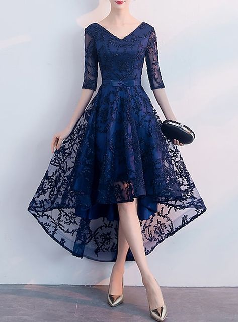 Homecoming Dresses High Low, Navy Homecoming Dress, Navy Blue Homecoming Dress, High Low Party Dresses, Cocktail Dress Elegant, Navy Blue Cocktail Dress, Minimalist Dress, Formal Bridesmaids Dresses, A Line Cocktail Dress