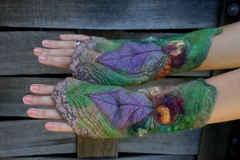 Felted Cuffs - Felted gloves - Arm warmers -Hand warmers- Felt bracelets-  in Druidic Growth Leaf Gloves, Felt Bracelet, Knitted Gloves Mittens, Gloves Pattern, Vintage Type, Vintage Theme, Knitted Gloves, Womens Gloves, Felting Projects