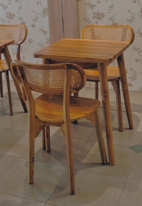 Wooden Chairs Cafe, Solihiya Chair, Wooden Table Restaurant, Wooden Cafe Table, Airbnb Amenities, Rustic Table And Chairs, Dining Table Decor Centerpiece, Dining Chair Ideas, Filipino Restaurant