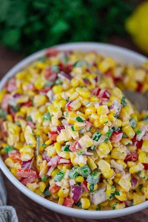 Creamy Corn Salad Creamy Corn Salad, Roasted Chili Corn Salsa, Chili Corn Salsa, Salads Green, Cheesy Corn Dip, Creamy Corn Casserole, Corn Recipes Side Dishes, Brunch Salad, Green Potatoes