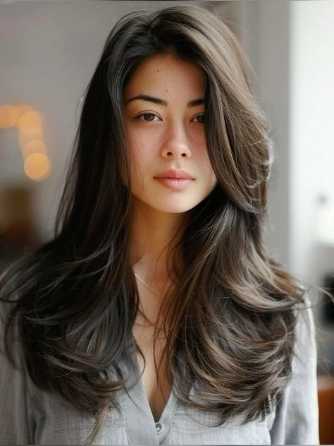 Layered Haircuts For Long Hair, Asian Hairstyles, Dark Fall Hair Colors, Dark Fall Hair, Long Layered Cuts, Haircuts For Long Hair With Layers, Long Haircuts, Oval Face Haircuts, Straight Hair Cuts