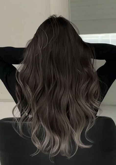 Double Ash Blonde Hair, Ash Streaks On Black Hair, Black Fading Into Blonde Hair, Hair Color Aesthetic Ideas, Dark Hair Colors 2023, Darker Hair Balayage, Ash Highlights Dark Brown Hair, Silver Highlights For Dark Brown Hair, Deep Ash Brown Hair Dark