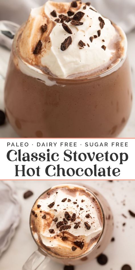 Rich, delicious hot chocolate made dairy-free, grain-free, and refined-sugar-free in this paleo recipe! Top with whipped coconut cream for the perfect sweet beverage each winter and holiday season. Dairy Free Chocolate Syrup, Easy Keto Chocolate Frosty, Homemade Hot Chocolate Healthy, Whole 30 Hot Chocolate, Sugar Free Chocolate Milk, Sugar Free Hot Cocoa, Crock Pot Hot Chocolate Recipe, Paleo Hot Chocolate, Gluten Free Hot Chocolate