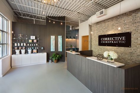 Chiropractic Office Decor, Brick Logo, Chiro Office, Optometrist Office, Construction Office, Chiropractic Office Design, Exposed Ceiling, Waiting Room Design, Optometry Office