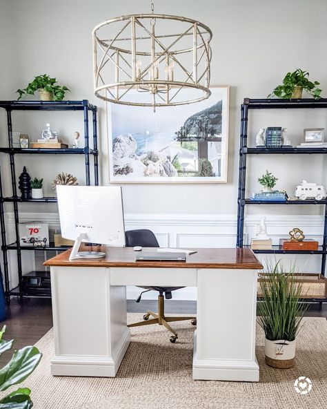 Womens Office Decor Ideas, Blue And White Office, Millennial Office, Bamboo Etagere, Dining Room To Office, Womens Office Decor, 1940s Farmhouse, Wood Executive Desk, Blue Home Offices