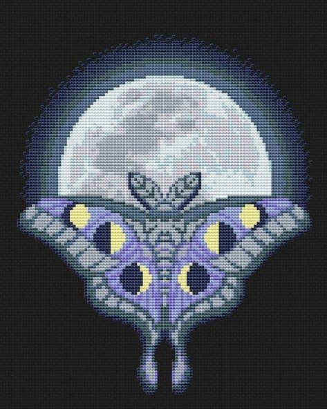 Cross Stitch Moon, Moth Cross Stitch, Galaxy Cross, Moon Cross Stitch, Moon Moth, Butterfly Cross Stitch, Space Galaxy, Pixel Pattern, Pixel Art Pattern