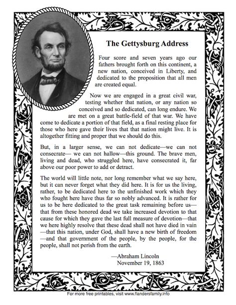 Lincoln's Gettysburg Address | another free printable from www.flandersfamily.info Gettysburg Address Printable, Address Worksheet, Government Lessons, Teaching Government, Gettysburg Address, The Oregon Trail, Chore Charts, History Quotes, History Timeline