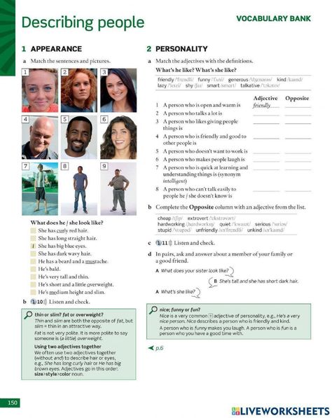 Esl Worksheets Intermediate, Conversational English Lessons For Adults, Listening Activities For Adults, Personality Activities, Personality Vocabulary, Personality Worksheet, Describing Personality, English Conversation Worksheets, Appearance Worksheet