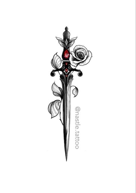 Knife Tattoo Thigh, Fantasy Dagger Tattoo, Rose And Dagger Tattoo, Tattoo Papillon, Dagger Tattoos, Traditional Dagger Tattoo, Tattoos Feminine, Tattoos Quote, Tattoos Fine Line