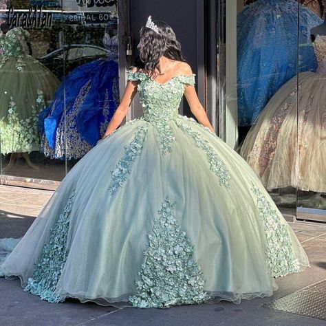 Mint Green Quinceanera Dresses, Sage Green Quinceanera, Green Quinceanera Dress, Formal Birthday Party, Flowers Sage Green, Green Quinceanera, Green Quinceanera Dresses, Picture Green, Theme Dress