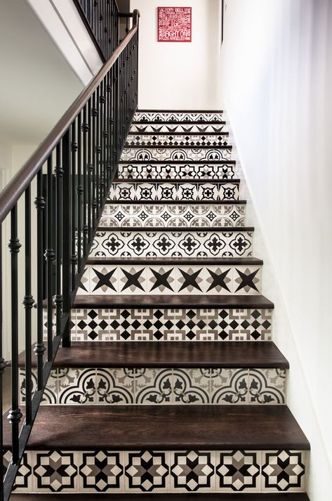 28 Ways to Use Cement Tiles to Transform Your Home - Granada Tile Cement Tile Blog | Tile Ideas, Tips and More Stairs Tiles Design, Tiled Staircase, Concrete Tile Floor, Staircase Makeover, Tile Stairs, Interior Design Per La Casa, Wood Tile Floors, Modern Stairs, Spanish Tile