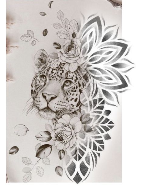 Mandala Leopard Tattoo, Leopard And Flower Tattoo, Mandala Animal Tattoo, Animal Mandala Tattoo, Mandala Lion Tattoo, Leopard Tattoo, Africa Tattoos, Cute Animal Tattoos, Floral Mandala Tattoo