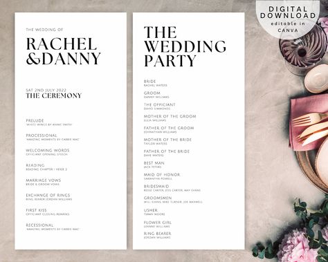 "Editable Wedding Order of Service, Personalised Wedding Ceremony Itinerary, Minimal Wedding Party Card, Printable Wedding Guest List, Wedding Programme This listing is an Instant download digital file for you to edit on Canva, which is available in web browser or app stores. You will NOT receive any physical item/prints.  WHAT IS CANVA: Canva is a graphic design platform, used to create templates. These templates can be easily edited to suit your needs, simply add your own information throughou Wedding Programme Design, Wedding Ceremony Itinerary, Wedding Order Of Ceremony, Order Of Ceremony Wedding, Ceremony Itinerary, Wedding Fun Facts, Guest List Wedding, Wedding Party List, Order Of Service Wedding