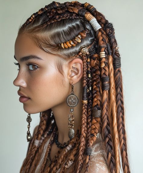 Bold braids with accessories Pirate Braids, Nordic Braids Women, Slavic Braids, Nordic Hairstyles, Easy Viking Hairstyles, Easy Viking Hairstyles Women, Sci Fi Hairstyles, Viking Braids Female, Viking Style Hair