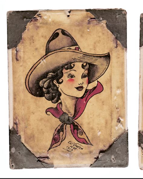 Ed Smith, 1920s Ed Smith Tattoo Flash, Traditional Cowgirl Head Tattoo, Cowgirl Tattoo Flash, Orville Peck Tattoo, American Traditional Cowgirl, 1920s Tattoo, Traditional Cowgirl Tattoo, Western Flash, Traditional Pinup