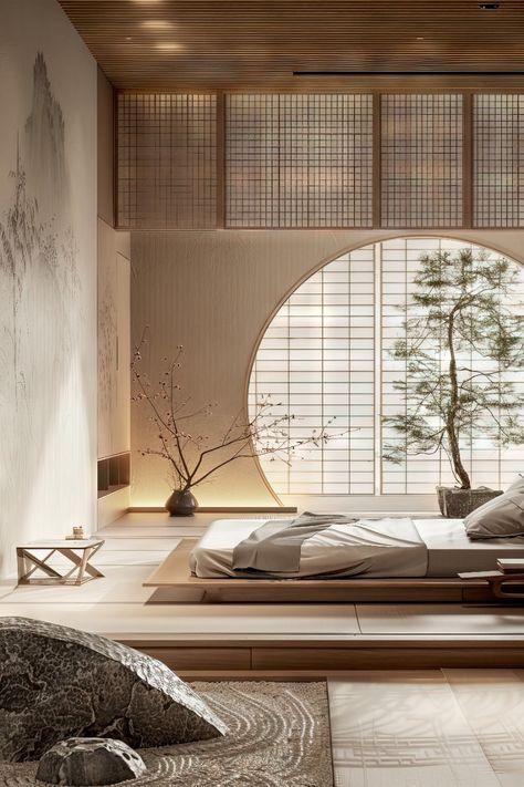 Asian Zen Interior Design, Japanese Hotel Room, Meditation Platform, Modern Japanese Bedroom, Zen Interior Design, Chinese Interior Design, Indochine Interior, Hotel Room Interior, Fall Bedroom Ideas