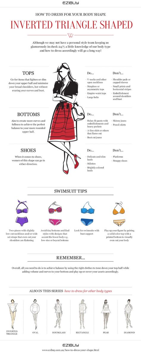 How to Dress for Your Body Shape - Inverted Triangle Shaped | Visual.ly Shirt For Inverted Triangle Body Shape, Clothes For An Inverted Triangle Shape, Inverted Triangle Tops Shirts, Interverted Triangle Body Shape, Best Tops For Inverted Triangle Shape, Inverted Triangle Shirts, Dressing Inverted Triangle Shape, How To Dress With Broad Shoulders, Shirts For Inverted Triangle Shape