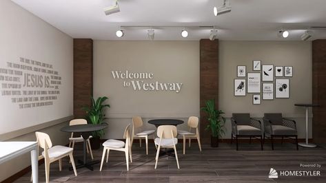 Westway Church Lobby Redesign - Version 2 design ideas & pictures (61 sqm)-Homestyler Church Lobby Design Foyers, Church Foyer Ideas Lobbies, Multipurpose Room Design, Church Layout, Lobby Cafe, Small Lobby, Church Lobby Design, Church Foyer, Church Lobby