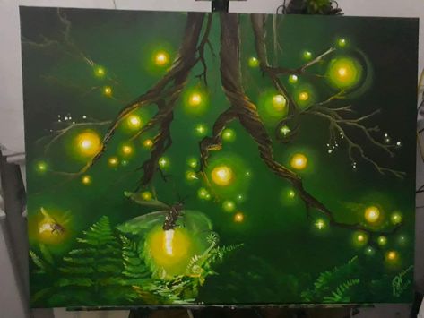 Bioluminescence Painting, Fireflies Painting, Forest Portal, Firefly Painting, Memory Drawing, Art Pins, Oil Painting For Sale, Forest Painting, Garden Painting