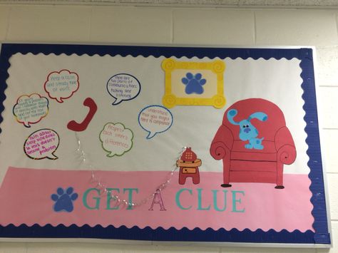 Blues clues bulletin board about roommate communication! Blues Clues Bulletin Board, Roommate Bulletin Board, Diversity Bulletin Board, Dorm Bulletin Boards, Ra Decorations, Ra Door Tags, Hallway Decorations, Classroom Prep, Class Themes