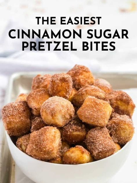 Soft Pretzel Recipe No Yeast, Pretzel Bites No Yeast, No Yeast Pretzel Recipe, Cinnamon Recipes Easy, Cinnamon Sugar Pretzel Bites, Party Food Favorites, Cinnamon Bites, Cinnamon Pretzels, Pretzel Bites Recipes