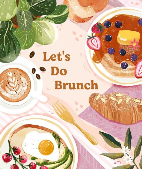 Pancakes Illustration, Brunch Illustration, Pancakes And Fruit, Croissant Illustration, Croissant Coffee, Coffee Pancakes, Almond Croissants, Avocado On Toast, Brunch Cafe