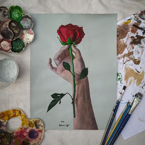 Hand Holding Rose Painting, Mini Rose Painting, Single Rose Painting, Rose Canvas Painting, Rose Acrylic Painting, Acrylic Hand Painting, Rose Painting Acrylic, Hands Painting, Blood Art