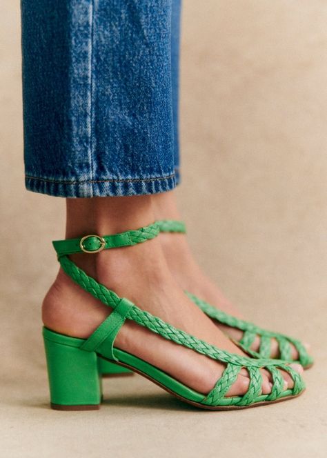 Natacha Sandals - Bright green woven - Smooth ovine leather - Sézane Woven Sandals, Wrap Heels, Shoe Lover, Mode Inspiration, Rubber Heels, Bright Green, Parisian Style, Passion For Fashion, Smooth Leather