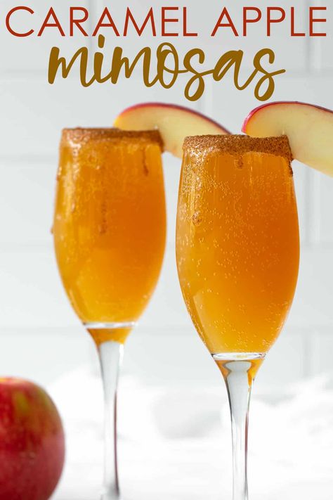 These sinfully delicious mimosas with a decadent caramel syrup and cinnamon sugar rim will be a hit at your next fall brunch! Breakfast Drinks With Alcohol Fall, Pitcher Drinks Alcohol Fall, Fall Mimosas Recipe, Mimosa Recipe Fall, Fall Mimosa Ideas, Fall Happy Hour Ideas, Fall Acholic Beverages Easy, Caramel Apple Mimosa, Boozy Fall Drinks