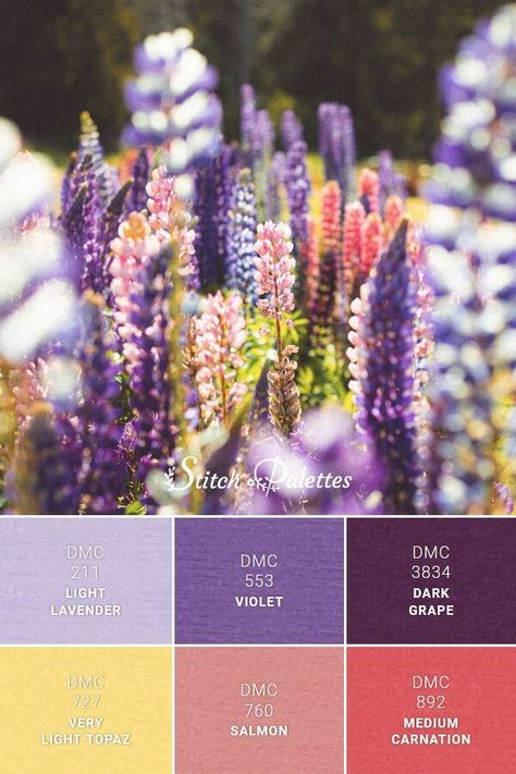 Dark Lavender Color Palette, Lavender Contrast Colors, Dmc Colour Palettes, Colors That Go With Lavender, Lavender Colour Combination, Lavender Color Combinations, Floral Color Palette, Stitch Palettes, Violet Color Palette