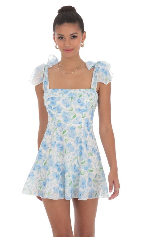 Blue Floral A-line Dress in White | LUCY IN THE SKY Lucy In The Sky, Hoco Dresses, Daily Dress, Homecoming Dress, Cami Dress, Mesh Dress, Summer Dresses For Women, Haiti, Skirt Length