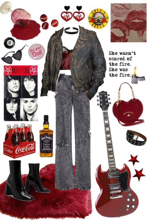 Metal Band Outfits Women, Rocker 80's Outfit, 80 Rockstar Outfit, Rock N Roll Outfit Ideas, Rock And Roll Aesthetic Outfit 80s, Metal Rock Aesthetic Outfit, 90s Rock Fashion 1990s, Rockstar Gf Party Outfit, 80s Fashion For Women Rock