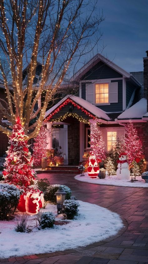 Red And White Outdoor Christmas Lights, Christmas Yard Displays, Christmas Decor Ideas Outdoor Yard, White And Red Christmas, Outdoor Christmas Decorations Lights, Colored Christmas Lights, Red Christmas Lights, Lights Outside, Christmas Symbols