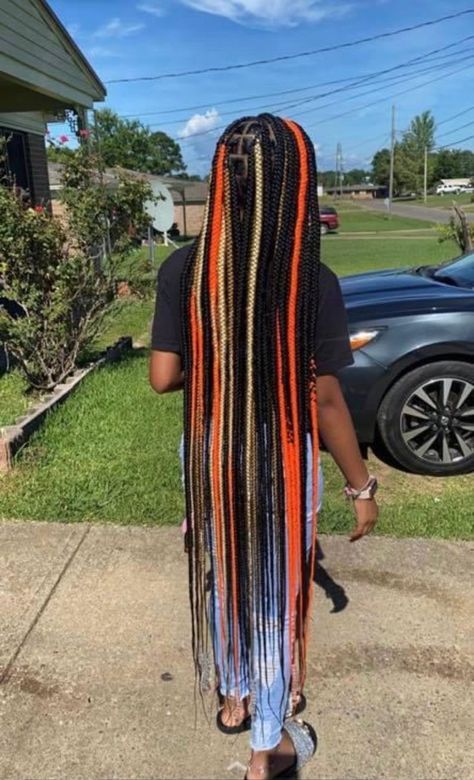 Two Color Box Braids Half, Back To School Hairstyles Braids With Color, Black Blue And Blonde Knotless Braids, Long Knotless Box Braids With Color, Color Box Braids For Black Women, Box Braids Orange, Braid Color Ideas, Orange Braids, Orange Blonde