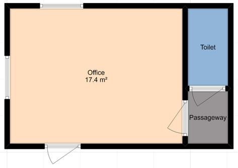 An improved floor plan with a good size office area and then a small toilet/bathroom area to the right: but only accessible via a separate passageway. Office Shed With Bathroom, Guest Shed With Bathroom, Backyard Office With Bathroom, Shed With Bathroom, She Shed With Bathroom, Backyard Office Shed, Shed Floor Plans, Lipgloss Business, Office Shed