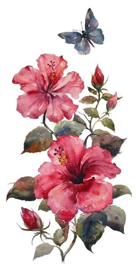 Painting Hibiscus Flower, Watercolor Flowers Tutorial, Flower Art Drawing, Watercolor Flower Art, 수채화 그림, Flower Art Images, Cat Air, Flower Butterfly, Watercolor Flowers Paintings