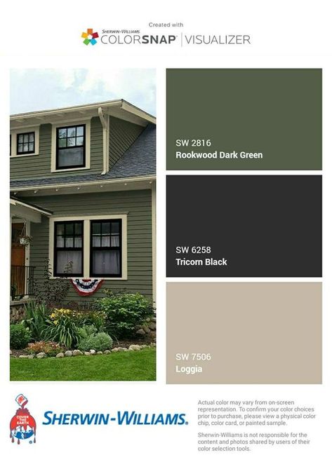 Cream House Trim Color Ideas, Front Porch Ideas Door On Left, Olive Grove Sherwin Williams Exterior, Dark Green Bungalow Exterior, Popular Green Exterior Paint Colors, Dark Green And Brown House Exterior, Sage Green Exterior House Colors Ranch, Light Green House Exterior Dark Trim, Sherwin Williams Green Exterior Paint House Colors