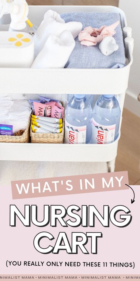 First time mom, getting ready for baby and looking for pregnancy tips & advice? If you're planning on breastfeeding, one of my top breastfeeding tips is to put together a nursing cart before baby arrives (it's basically a nursing cart on wheels)! Peep which breastfeeding essentials I swore by with my first baby, where to grab this RIDICULOUSLY handy nursing cart, as well as some of my BEST breastfeeding tips for beginners - all on minimalistmama.co! Nursing Cart Organizer, Breastfeeding Snacks Station, Nursing Cart, Nursing Carts, Minimalist Mama, Mom Hacks Baby, Nurse Organization, Milk Production Breastfeeding, Postpartum Nursing