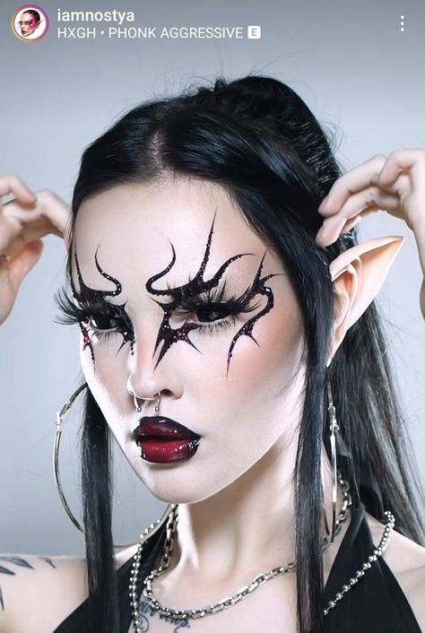 Gothic Elf Makeup, Dark Drag Makeup, Witches Make Up, Cybersigilism Makeup, Gothic Glam Makeup, Assassin Makeup, Black Heart Makeup, Goth Drag Makeup, Cybergoth Makeup