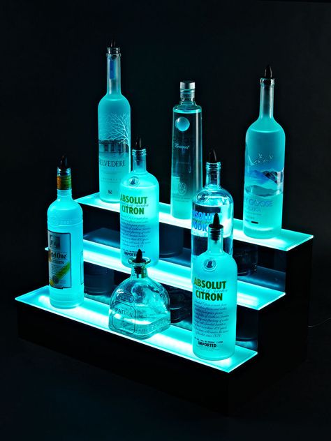 3 Step LED Lighted Liquor Display Shelves Liquor Shelves, Liquor Bottle Display, Liquor Shelf, Man Cave Accessories, Liquor Bar, Bar Shelves, Bar Shelf, Bar Displays, Bottle Display