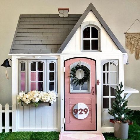 Costco Playhouse, Playhouse Inspiration, Pink Playhouse, Wooden Outdoor Playhouse, Outdoor Playhouses, Backyard Kids, Playhouse Ideas, Outdoor Playhouse, Repurpose Furniture