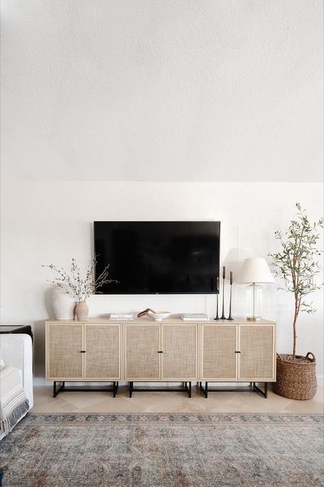 Nathan James Kova Accent Natural Storage Cabinet Sideboard Wood and Rattan with Matte Metal Frame, Adjustable Interior Shelves and Cane Doors Tv Stand Decorations Living Rooms, Console Table Under Tv Decor, Rattan Cabinet Decor, Large Media Console Living Room, Light Wood Tv Stand Living Room, Neutral Living Room Tv Console, Tv With Sideboard, Modern Organic Tv Area, Organic Modern Tv Console Decor