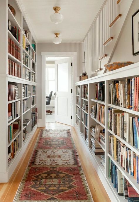 A Long Narrow Hallway - Help for a Dark Scary Mess - Laurel Home Long Narrow Hallway Ideas, Long Narrow Hallway, Future Library, Front Hallway, Brighton Houses, Narrow Hallway Ideas, Hotel Corridor, Long Hallway, Interior Windows