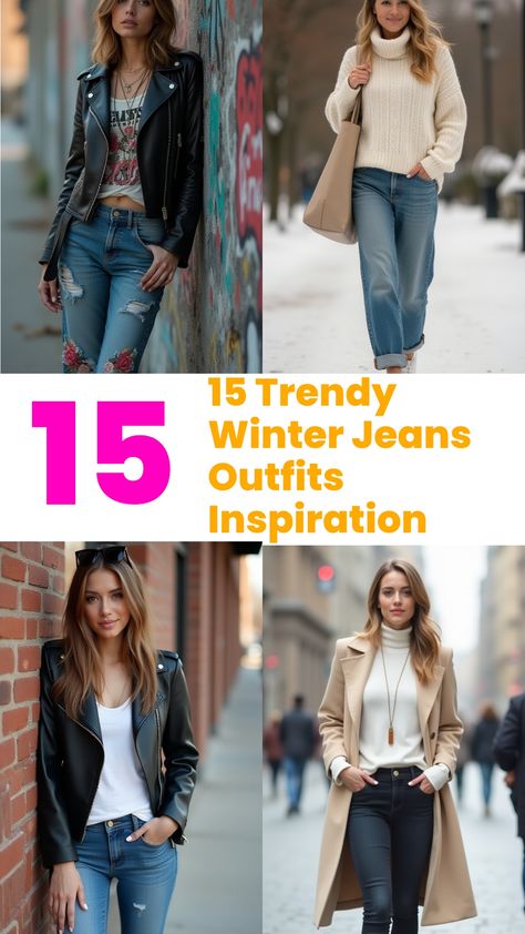 15 Trendy Winter Jeans Outfits Inspiration Cute Jeans Women, Jean Winter Outfits Casual, Cuffed Jeans Outfit Winter, Ladies Jeans Outfits, Winter Jeans Outfit Casual, Casual Jeans Outfit Winter, Jean Outfits For Women, Holiday Party Outfit Jeans, Winter Outfits Jeans