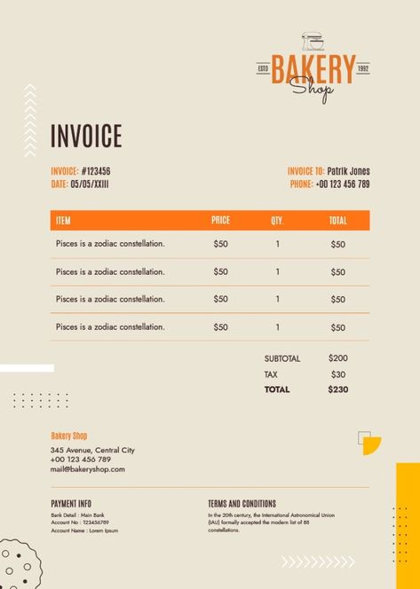 Linear The Bakery Shop Invoice Meal Planning Binder, Flour Bakery, Invoice Design, Stationary Items, The Bakery, Bakery Shop, Invoice Template, Start Now, Food Design