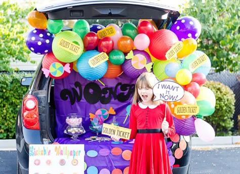 Fawn: Willy Wonka Trunk or Treat with Oriental Trading Wonka Trunk Or Treat, Willy Wonka Trunk Or Treat, Halloween Car Decorations, Chocolate Factory Party, Charlie Chocolate Factory, Trunk Or Treat Ideas, Willy Wonka Party, Kids Holiday, Treat Ideas