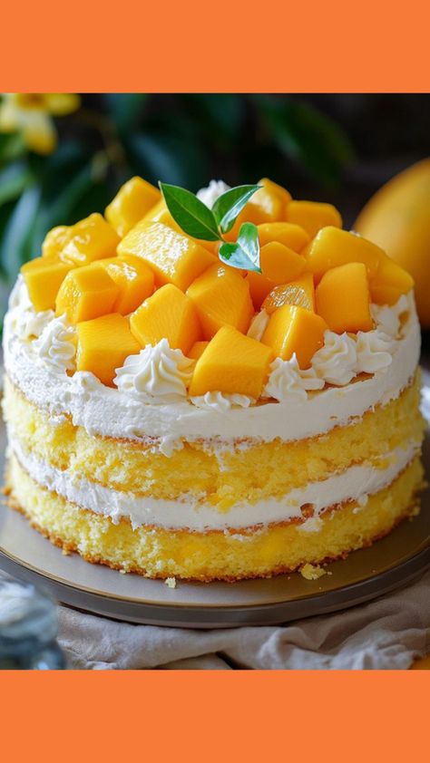 Mango Cream Cake, Tropical Fruit Cake, Mango Chiffon Cake, Mango Cakes, Cake Mango, Whipped Cream Filling, Tropical Cake, Pretty Desserts, Cake 5